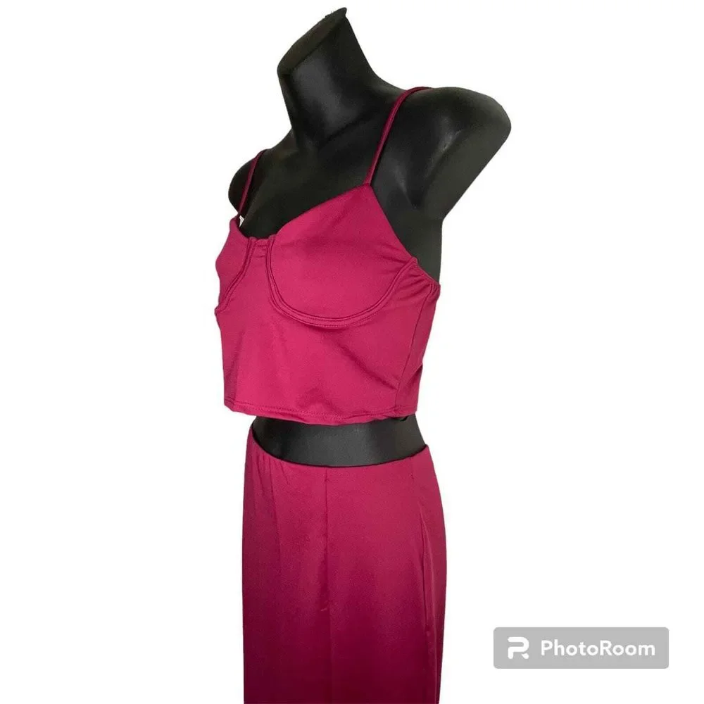 21 Saints 2 Piece Crop Top and Midi Skirt Matching Set‎ Magenta Pink Size Small
